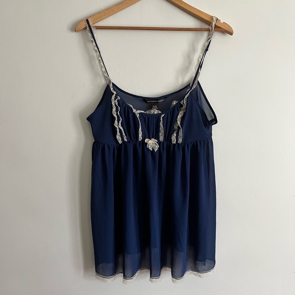 Victoria's Secret Navy Chiffon Lace-Trim Babydoll Chemise